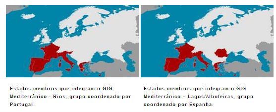 Mapas dos Estados-Membros do GIG Mediterrânico: rios, coordenados por Portugal, à esquerda; lagos e albufeiras, coordenados por Espanha, à direita.
